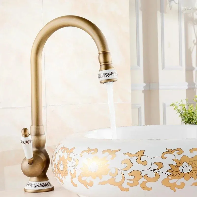 Kitchen Faucets Basin Antique Brass Deck Mounted Bathroom Sink Faucet Single Handle Hole High Arc Cold Mixer Water WC Taps