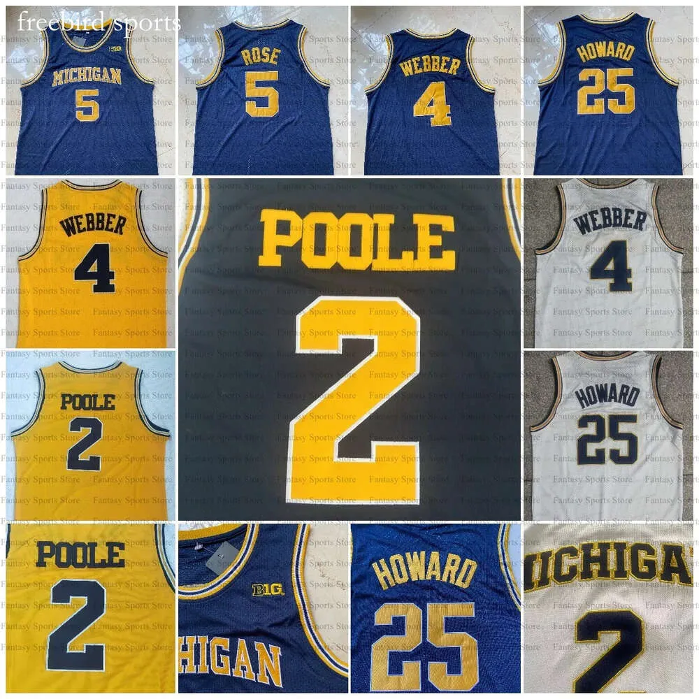 Woerine Michigan College 25 Juwan Howard Jersey 2 Poole 4 Chirs Webber 41 Glen Rice 5 Jalen Rose Vintage Navy Blue Yellow Mens Jerseys Ed 1 S