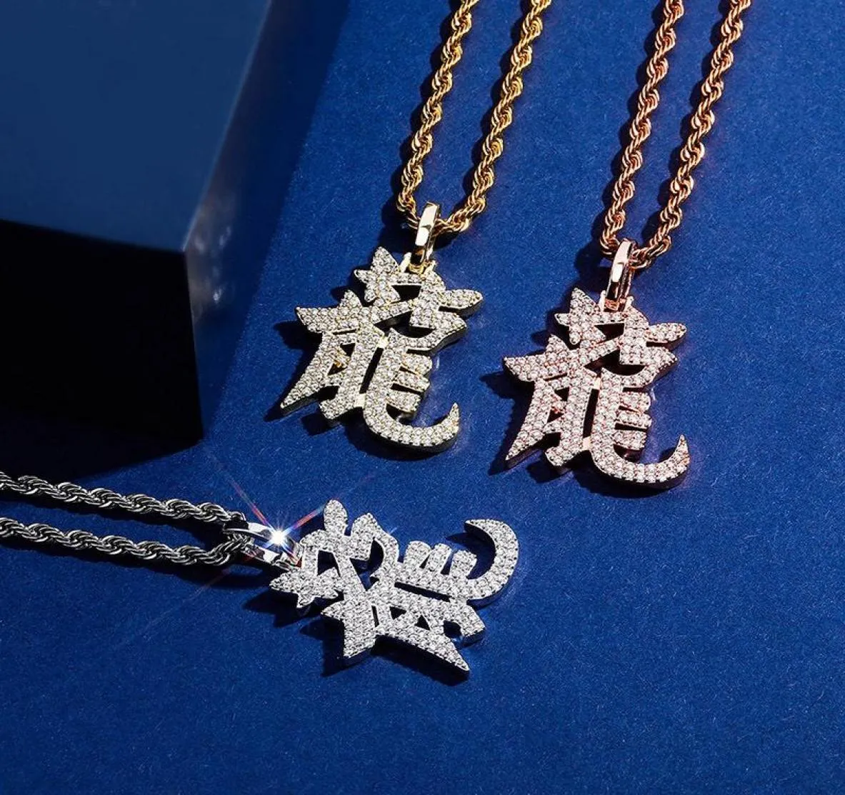 Pendant Necklaces Hip Hop Claw Setting CZ Stone Bling Iced Out Chinese Long Dragon Pendants For Men Rapper JewelryPendant PendantP8333393