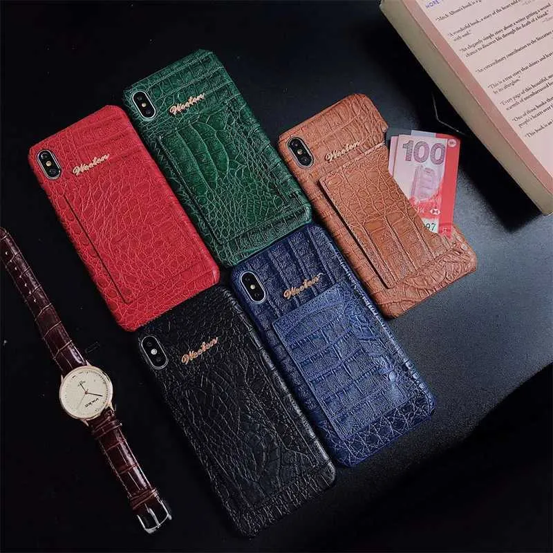 Keychains Lanyards Crocodile Skin en cuir Carte Solt Stand Boîtier pour iPhone 11 Pro 6s 6 7 8 Plus X XS MAX XR CARTY POCKER POCKER BASE POUR AIRPODS CASE J240509