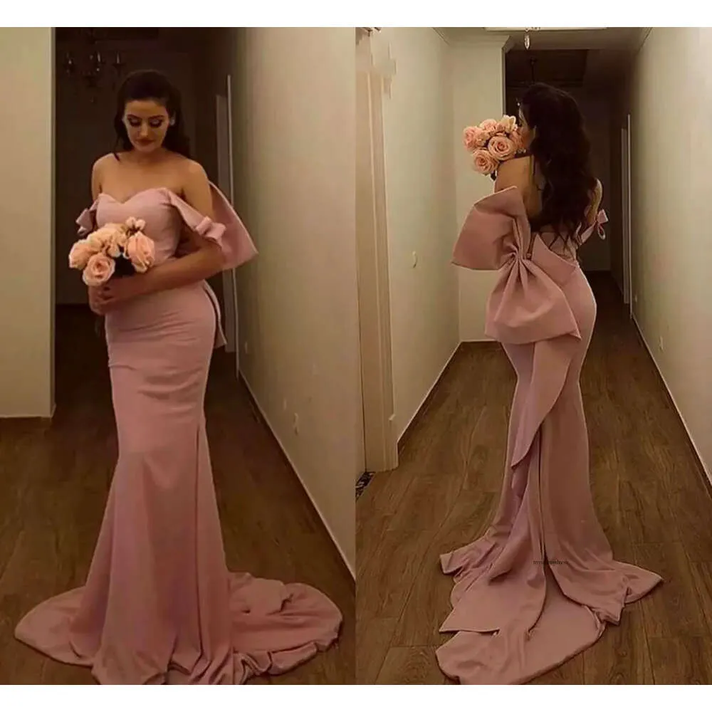 Nude Pink Big Bow Mermaid Maid Of Honor Elegant Off The Shoulder Long Bridesmaid Dresses Satin Wedding Guest Gowns L139 0509