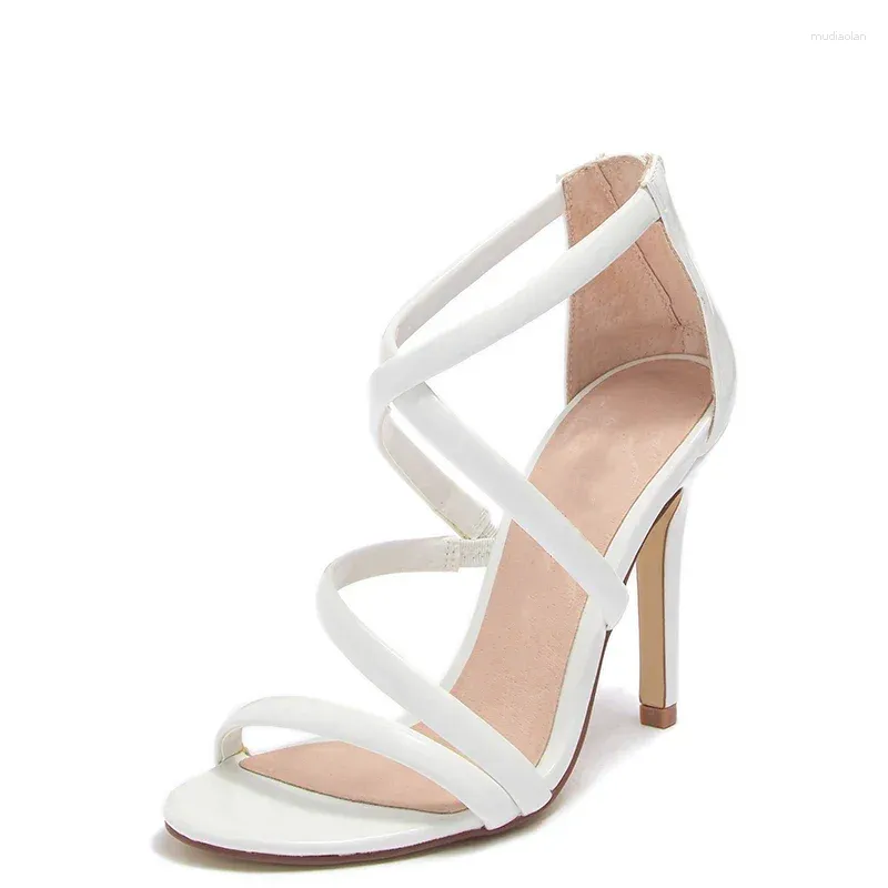 Sandálias brancas estilettos altos saltos finos de tiras cruzadas gira tamanho grande 12 15 senhoras de verão moda madura sapatos sexy shofoo