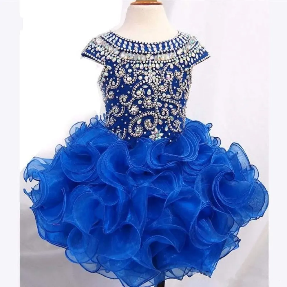 2019 New Design Toddler Girls Pageant Dresses Luxury Shiny Crystal Beading Bodice Royal Blue Organza Ruffles Skirk Little Girls Prom Dr 275O