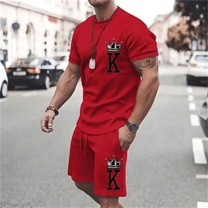 Herrespår Nya sommarmens kostym Casual mode tryckt t-shirt + strandshorts kostym Mens o-hals t-shirt 2 stycken byxkläderstil T240507