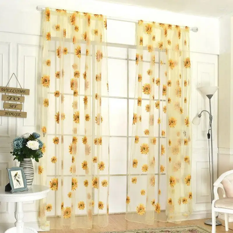 Tende per tulle di fiore solare per soggiorno porte della camera da letto a trasparente giallo floreale voile 95 x 200 cm