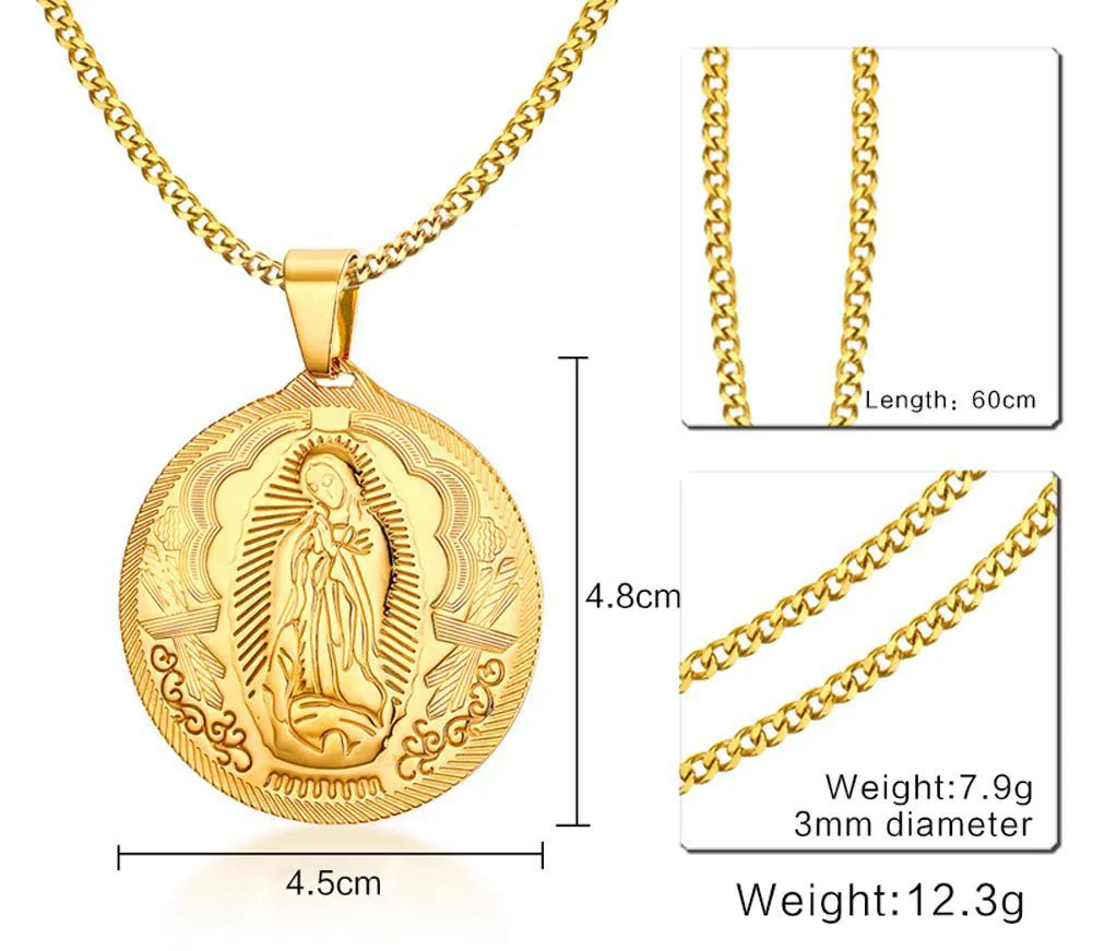 Männer Edelstahl Amulett Jungfrau Maria Runde Halskette Anhänger Kette Chael Glücklicherweise Schmuck 3mm 24 Zoll N777