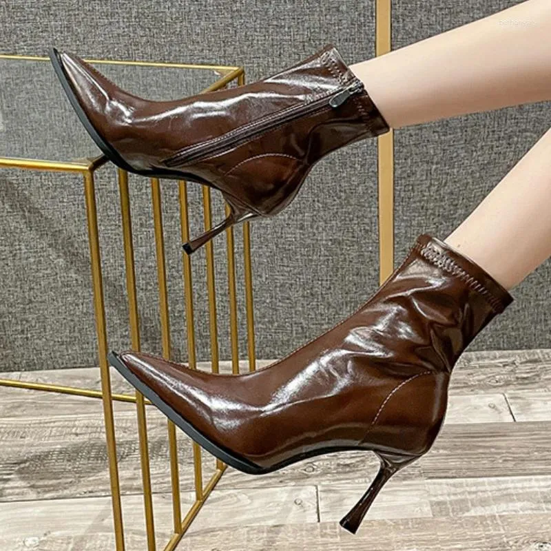 Boots 2024 Winter Elegant Women Sexy Club High Heels Stiletto Elastic Pu Leather Ankle Beige Brown Stripper Shoes