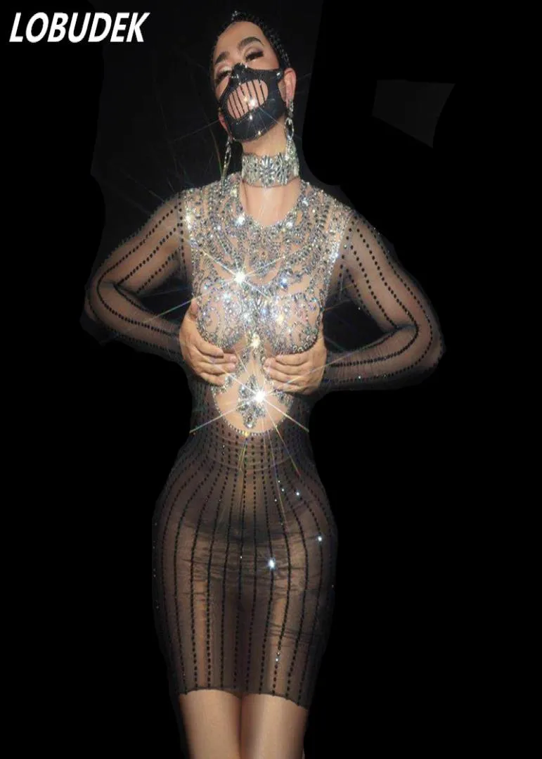 Robes de fête en argent noires strass de package en maille transparent robe robe bal anniversaire robe courte chanteuse danseuse fashion scène C2349553