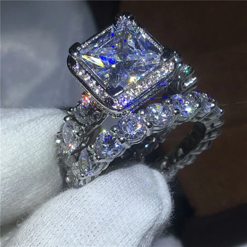 2017 Bijoux de luxe Femelle 925 STERLING Silver Ring Set 5a Zircon CZ Stone Engagement Bands de mariage Anneaux pour femmes Bridal 354A