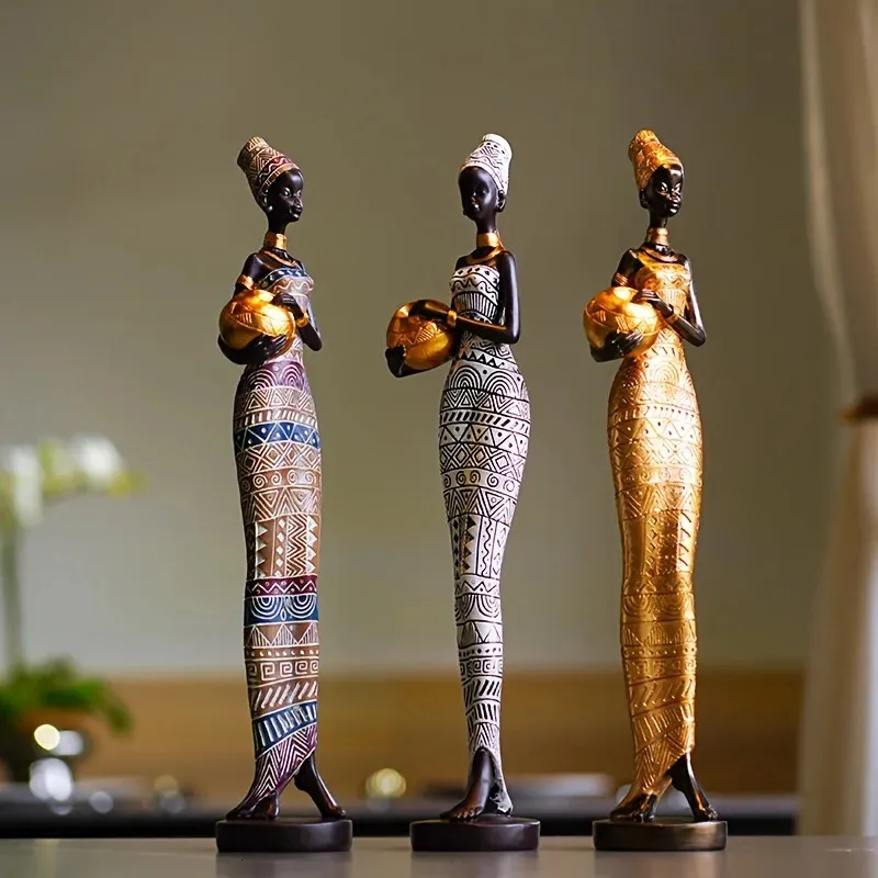 Resina pintada de estátua preta Decoração Felizs Retro Africano Mulheres segurando Pottery Potters Bedroom Desktop Collection itens 240427