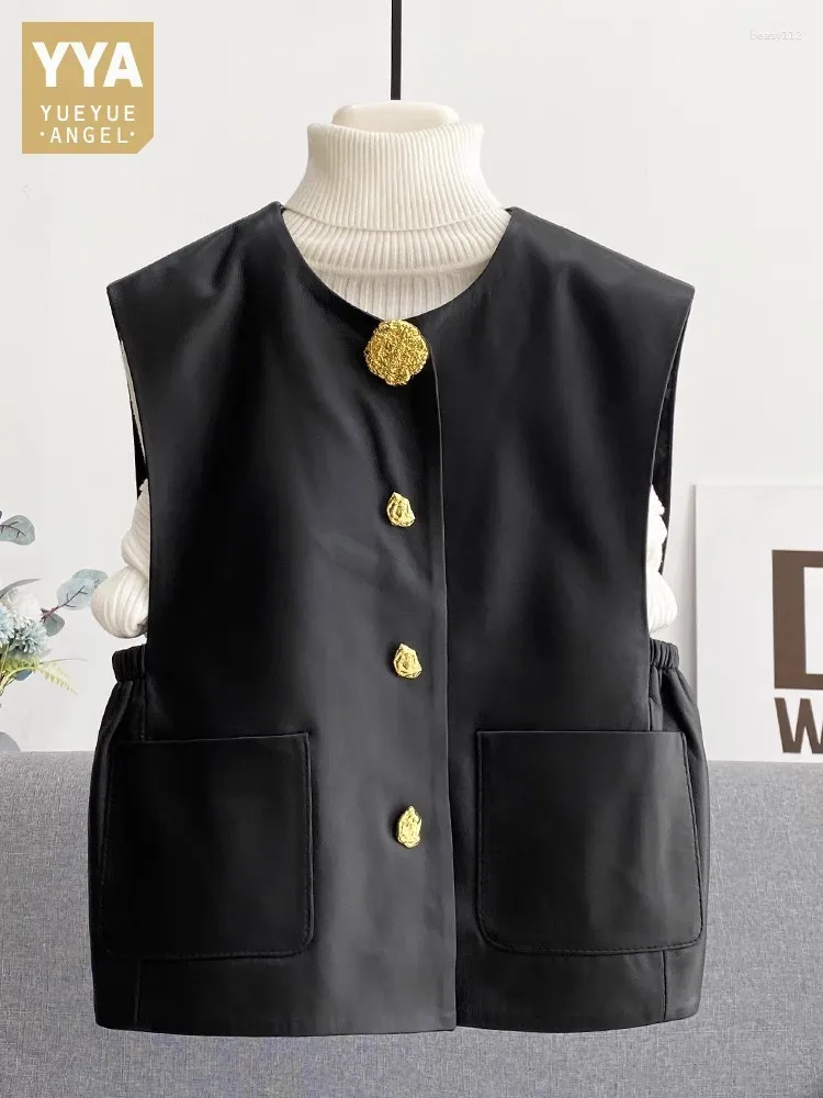 Colete feminino Designer feminino Button dourado sem mangas Coloque outono o pescoço de pescoço de carneiro genuíno coletor de couro para fora de roupas de rua casuais casuais