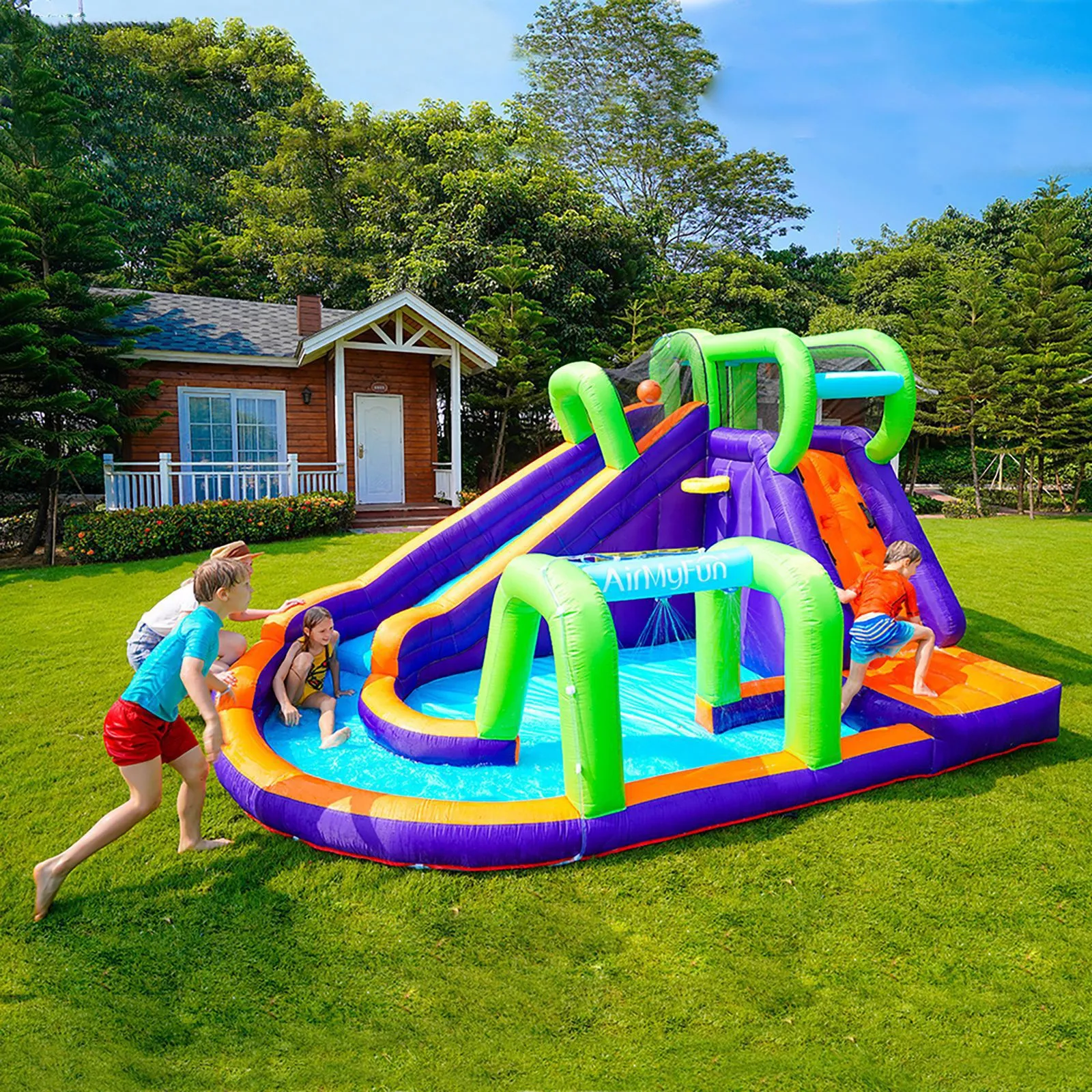 Castillo inflable y tobogán de agua Combo Splish Splash Water Water Park con túnel Sprinkler Playhouse para niños Juegos para niños Juegos divertidos de verano Regalos de cumpleaños juguetes