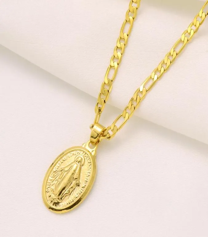 Womens Goddess Portrait Pendant Italian Figaro Link Chain Necklace 24quot 18k Solid Gold GF 3mm8524936
