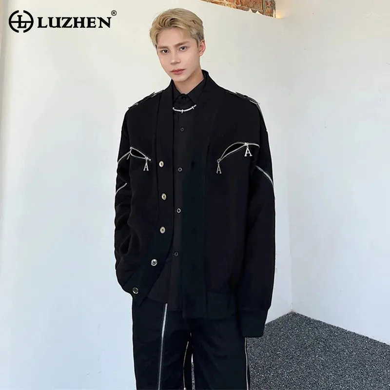 Jackets masculinos Luzhen Belt decoram zíper em splicing design elegante coreano original personalidade moderna roupas de rua lz2511