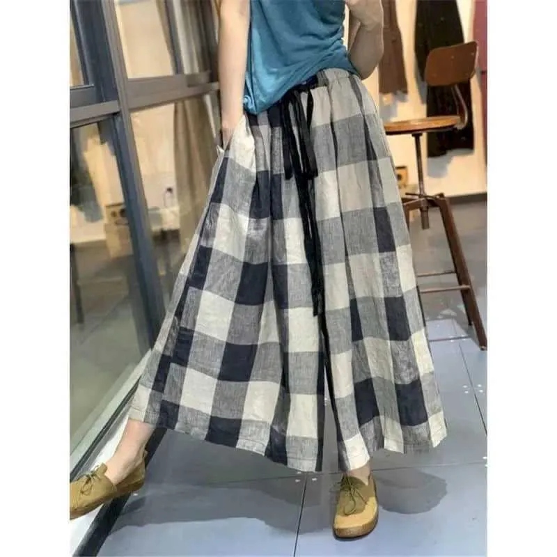 Women's Pants Capris 100% Cotton Linen Pants Women Plaid Loose Casual Baggy Pants Oversized Vintage Korean Fashion Trousers Clothes Wide Leg Pants Y240509