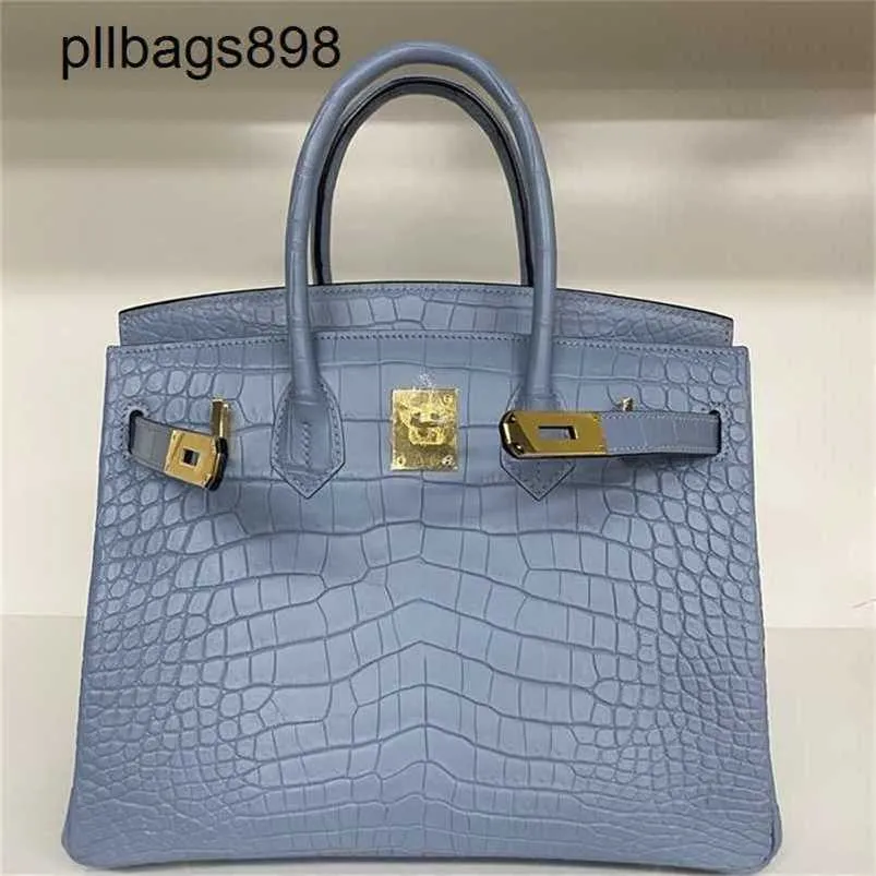 Top Cowhide Handbag Brkns Genuine Leather Crocodile skin belly half honey wax 30 medium blueIYLUVQ4I