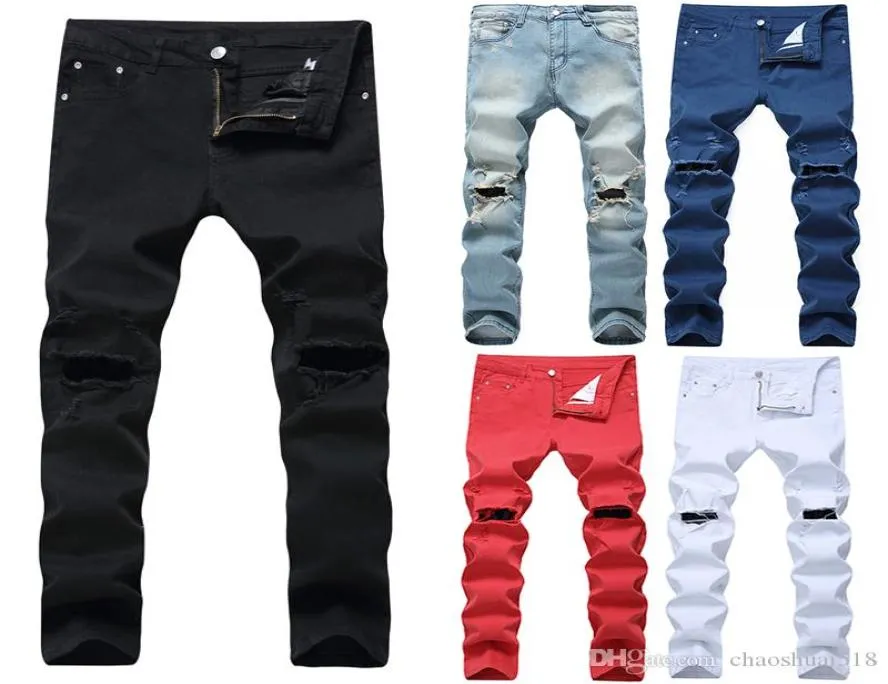 2018 NOWOŚĆ SLIM FIT RIBED DINS MĘŻCZYZN HITEREET MENS MASERSE DERNIM JOGGERS Otwory kolanowe Zniszczone jeans9341217