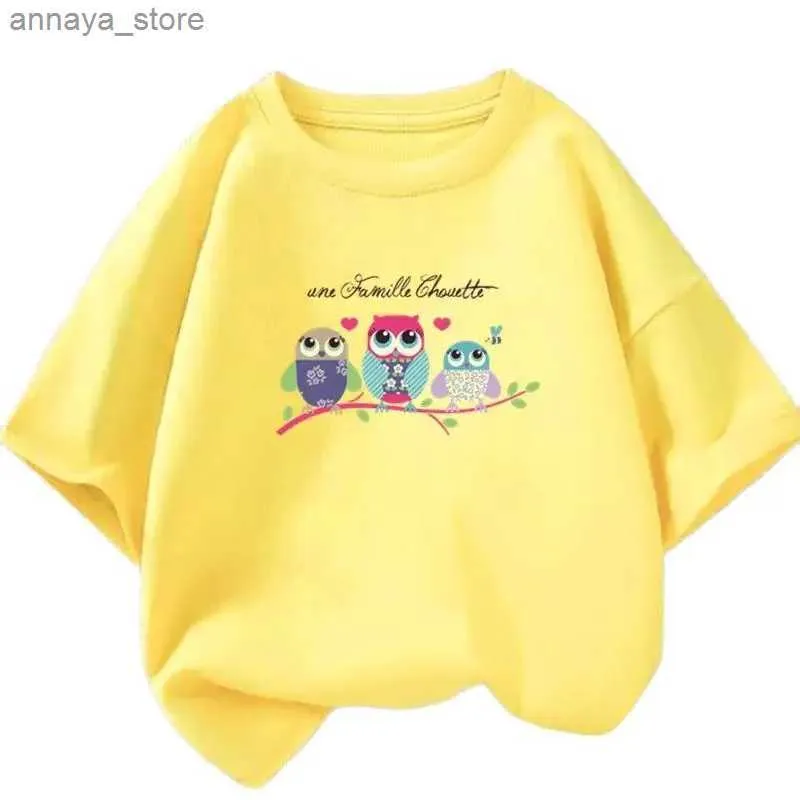 T-Shirts Kawaii Family Owl Tree Cartoon Grafik T-Shirt Girl Mode süße Sommer Top Childrens Kurzarm Cartoon Clothingl2405