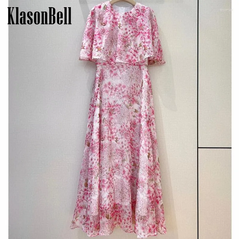 Partykleider 4.17 Klasonbell Ankunft elegant rosa Blumendruckkleid für Frauen Cloak Design O-Neck Kurzarm A-Line Maxi