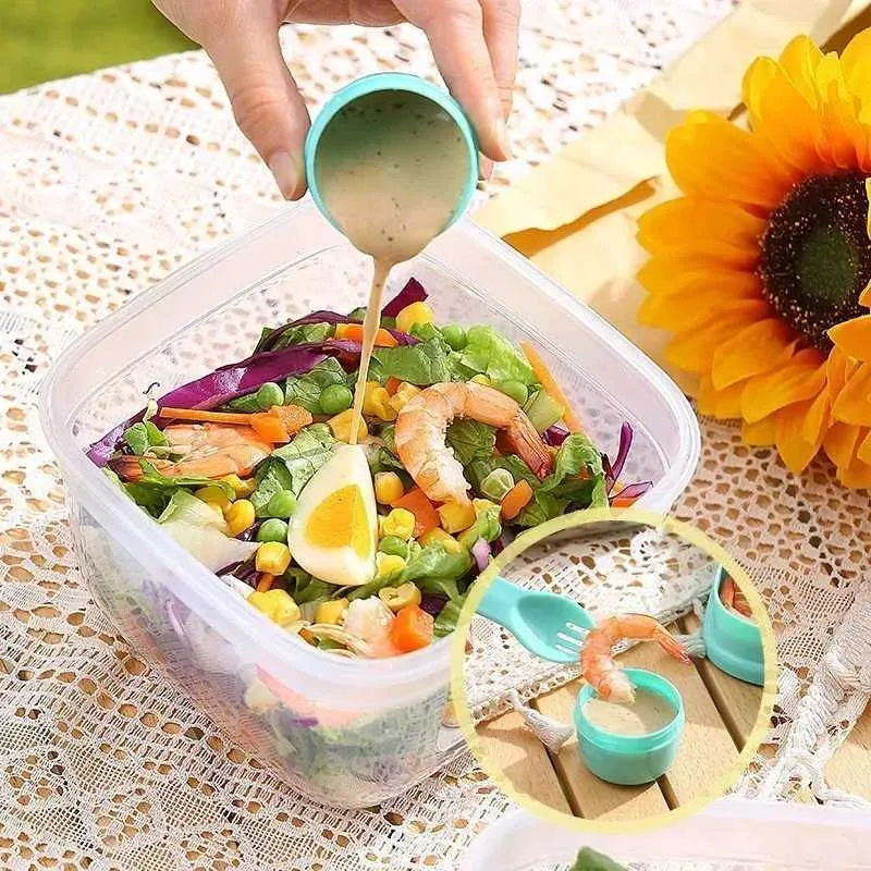 Pudełka na lunch Torby Przenośna 2-warstwowa miska sałatkowa z widelcem pudełko na lunch zapieczętowane bento pudełko wielokrotnego użytku sałatkowy pojemnik na lunch 1300 ml/1600 ml