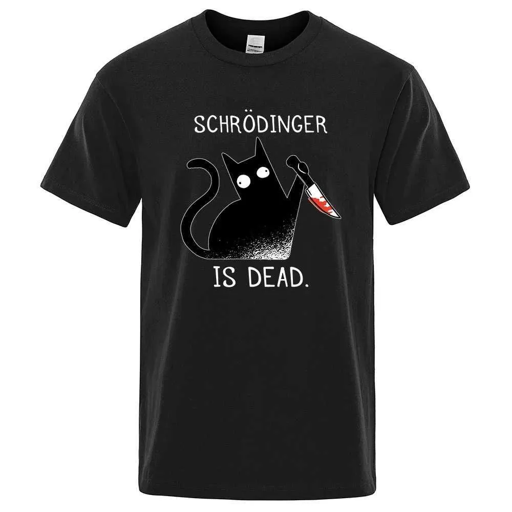 T-shirts masculins Schrodinger est mort noir chat mode T-shirt doux homme de haute qualité t-shirts coton court seve strt tops h240508