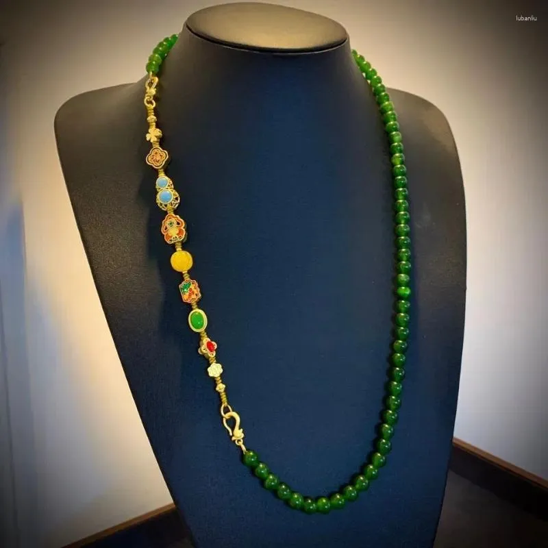 Chaines Style chinois French Original Design vintage Emerald Agate Collier un bracelet tissé détachable multi-vêtements pour les femmes