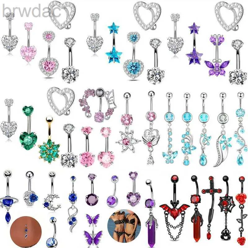 Anelli ombelici 5pcs Pink Crystal Bully Pulsini Set Purple Heart Piercing Green Green Flower Belly Packs Piercing Ombligo Lotti D240509