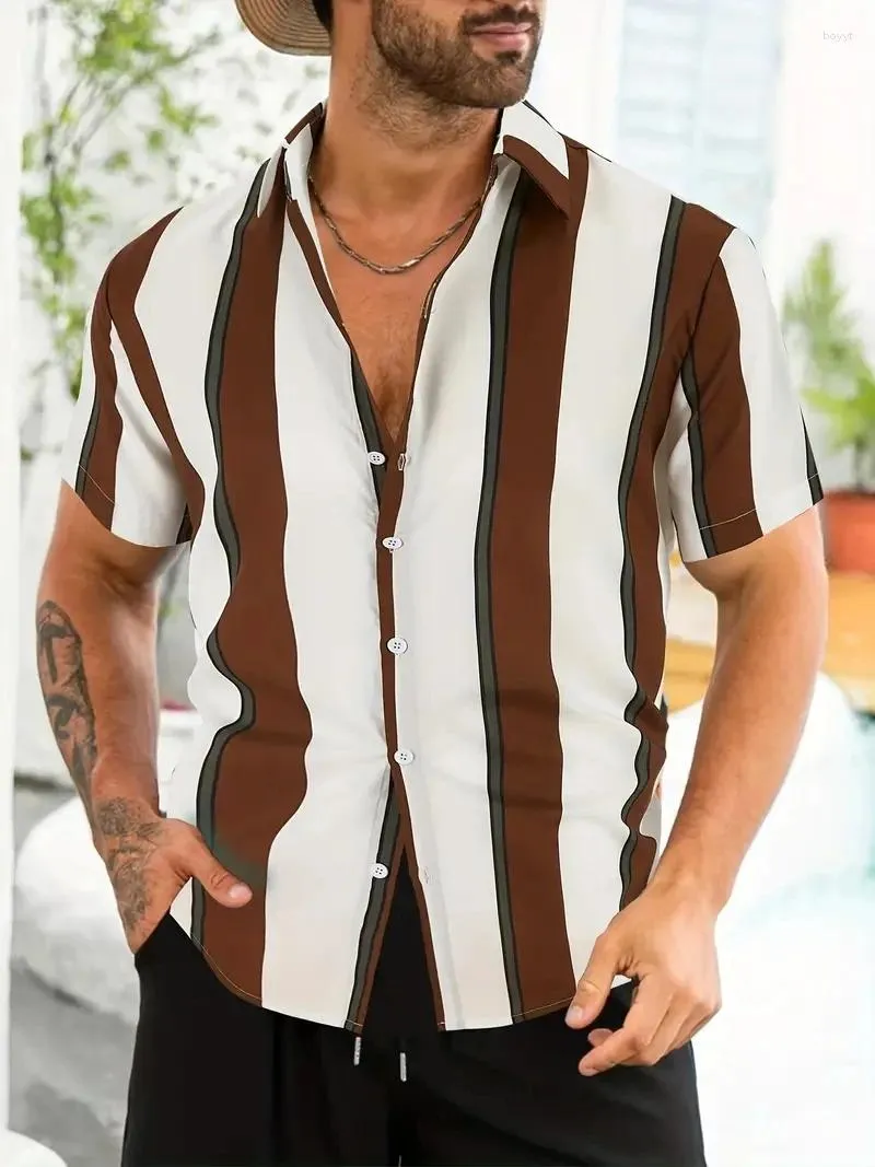 Мужские повседневные рубашки ретро вертикальная полоса с рисунком цветовой блок с коротким рукавом лацка
