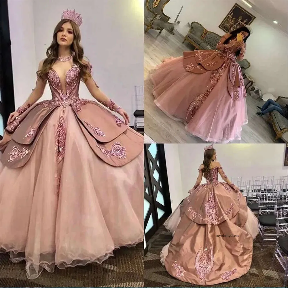 ثياب الأميرة الوردي المتربة ، فساتين Quinceanera مع الوهم طويل الأكمام الطويلة الورد الذهب ترتر منتفخ Sweet Sweet 16 فستان ثنائي المساء الرسمي.