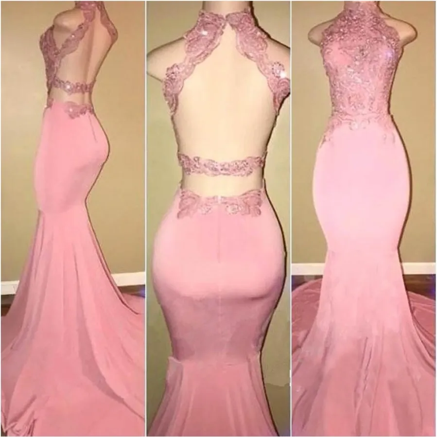 Nieuwe roze prom -jurken Mermaid High Collar Appliques Lace Backless Party Maxys Long Prom jurk avondjurken Robe de Soiree 3035