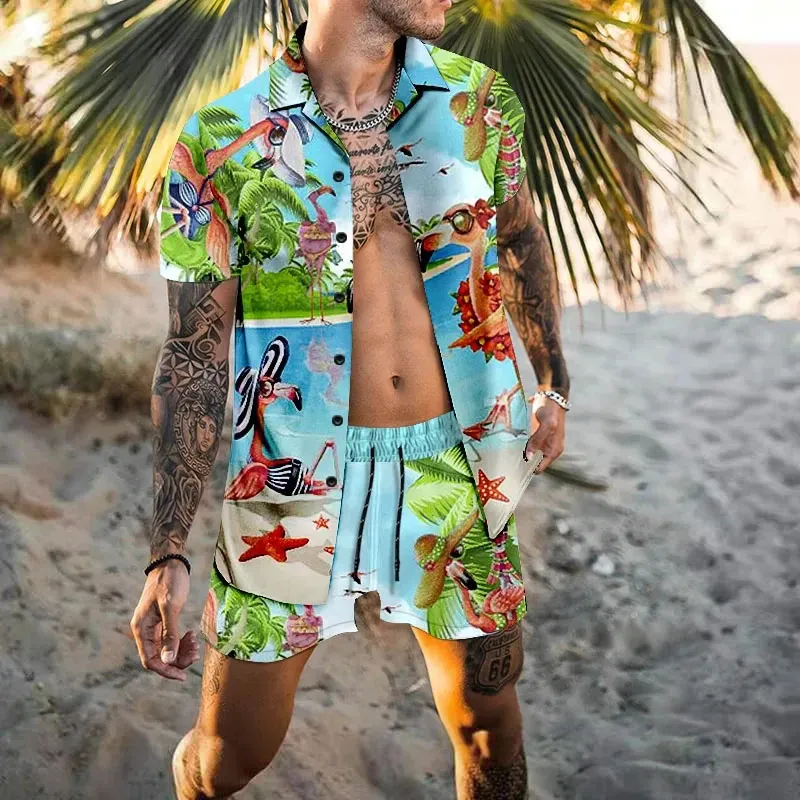 Hawaiian Men Cardigan 2pcs Sets Summer 3D Imprimer à manches courtes Shirts de plage shorts de vieille