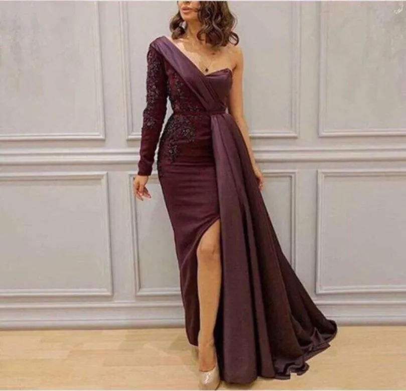 Nouvelles robes de soirée à manches longues Bourgogne sexy une épaule en dentelle de dentelle à paillettes sexy robe de soirée inspirée par SA8626890