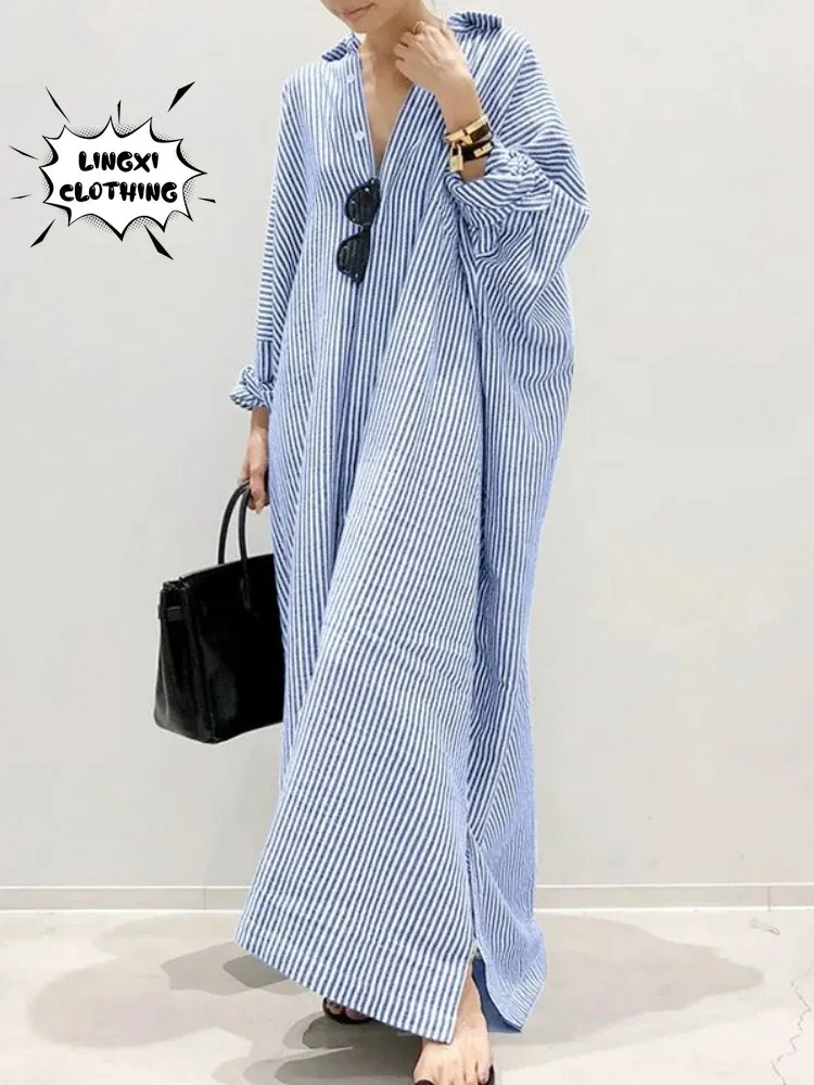 Taille plus robe de femme Fashion Stripe Single Breasteted Shirt Loose Casual Style Elegant Cotton Chanvre Long Robe 240420