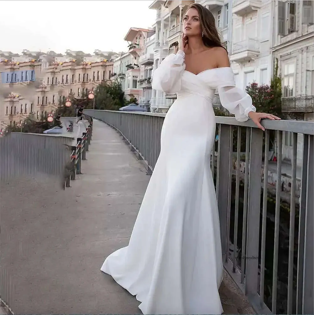 Elegant Mermaid Off The Shoulder Satin Long Wedding Dresses
