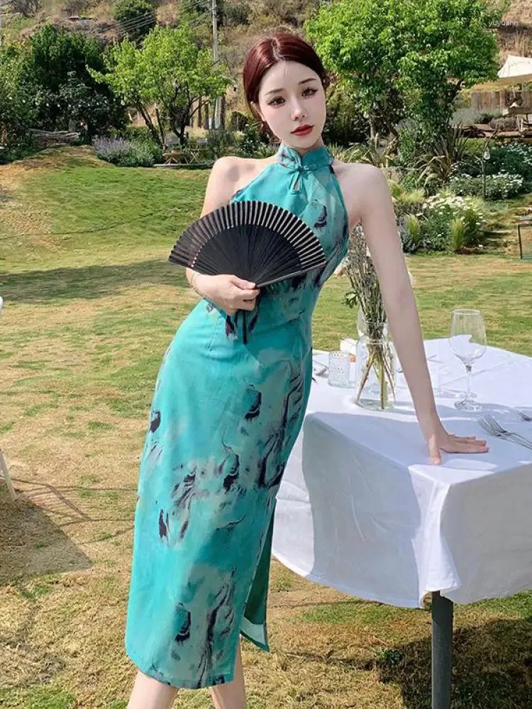 Robes décontractées vintage imprimé vert dame chinois cheongsam robe de soirée sans manches élégantes élégant élégant épaule mince midi club midi