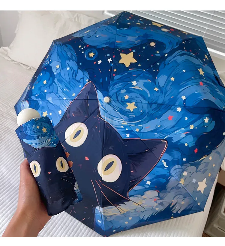 Gear Blue Star Cat Umbrella Cartoon Animal Full Automatic Smart Sun Umbrella For Women Strong Sombrillas Para Lluvia Y Sol