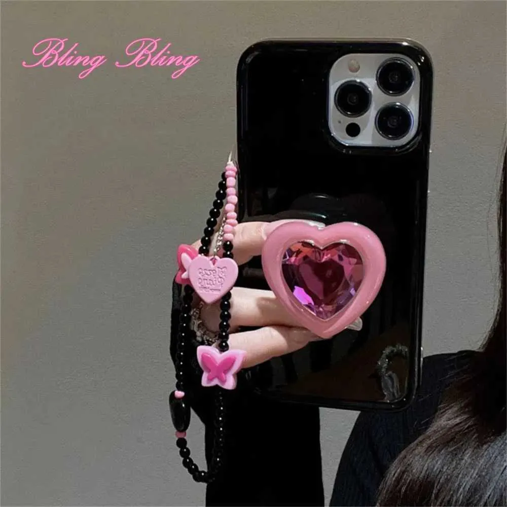 Cell Phone Cases Princess Gem Heart Holder Butterfly bead Strap Candy Phone Case For iphone 15 14 12 Pro Max 11 13 Pro X XS XR 7 8 Plus SE Cover J240509