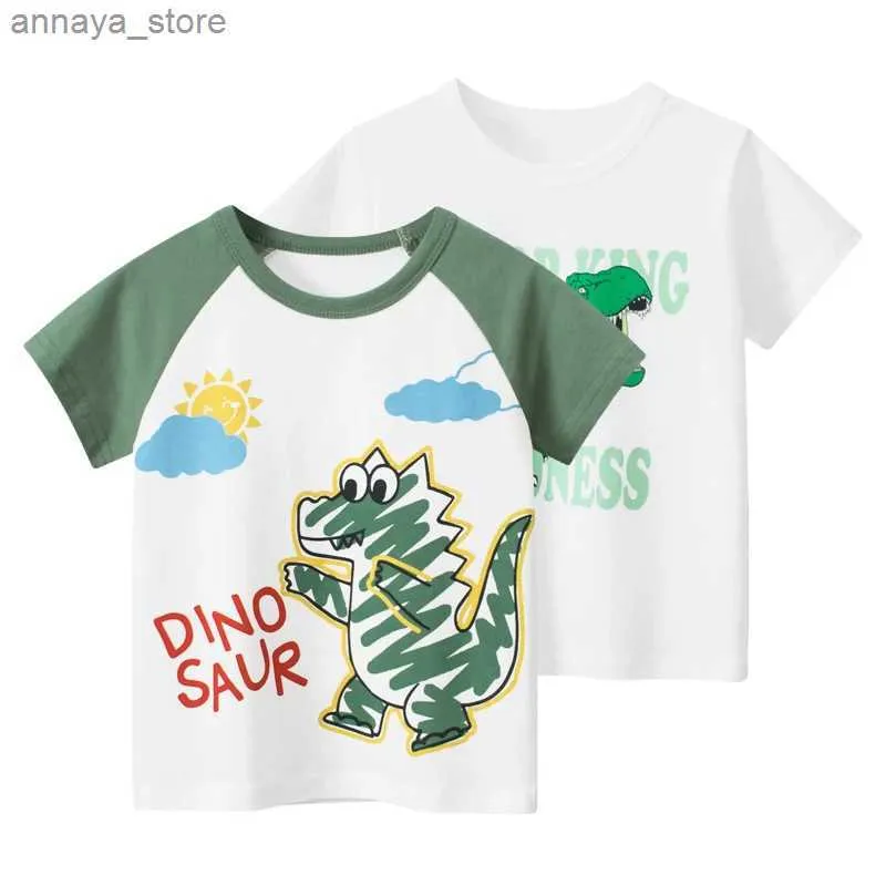 T-shirts 2024 Sommar Ny tecknad dinosaurie Barnkläder pojkar kortärmad bomullstopp t-shirt barnkläder 2-10yl2405