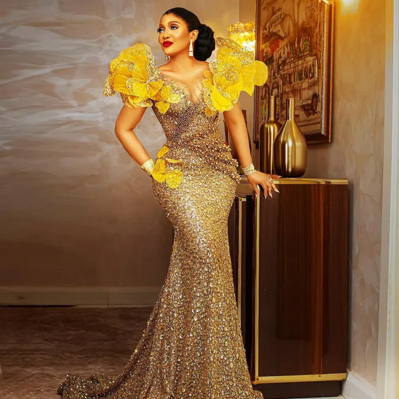 Plus Size Gold prom dress with Illusion Long Sleeves, Beaded Lace Flowers, and Second Reception Gown - Perfect for Special Occasions and Birthdays (