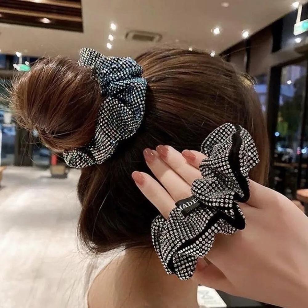 Rhinestone Scrunchie Embellished Sparkly Black ballet wedding Crystal ScrunchiesHair Tie Ponytail Holder Accessory for Women