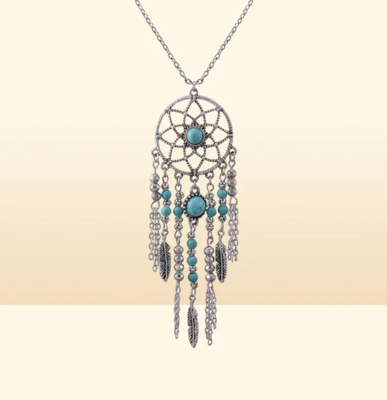 Vintage Dream Catcher Necklace Tassel Feather Turquoise Bohemian Style Long Sweater Chain Charm Jewely Xmas Gifts 12pcs21028542539