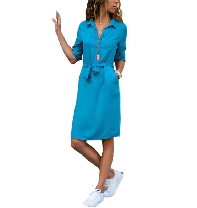 Mode Turnenkragen Party Autumn Shirt Kleid Frauen solide drei Viertel Ärmeln Sommerkleid Plus Größe Casual Vestidos Robe7113654