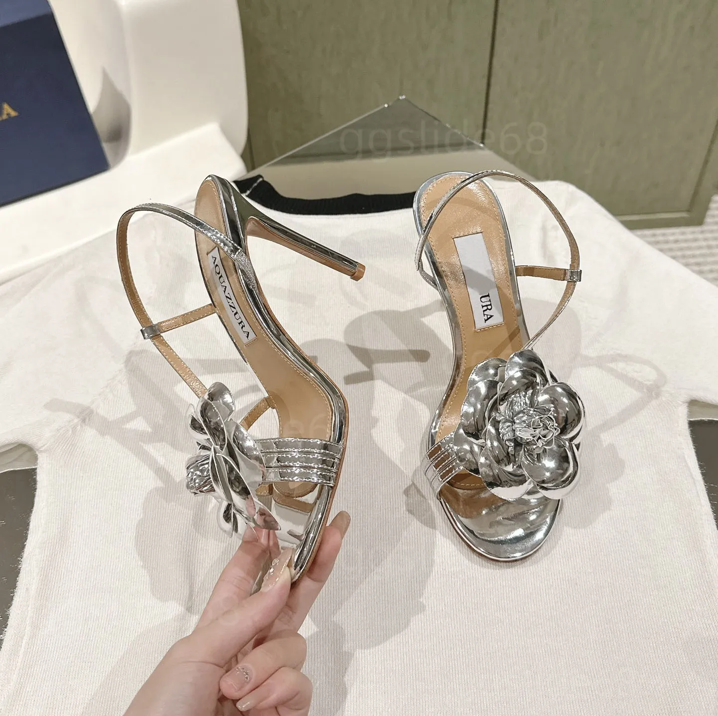 Moda kristalleri up sığ kesim ayakkabılar kızlar slingback pompa yüksek topuklu deri çiçek süslenmiş sandaletler yavru kedi topuk 10 cm kutu boyutu 34-42