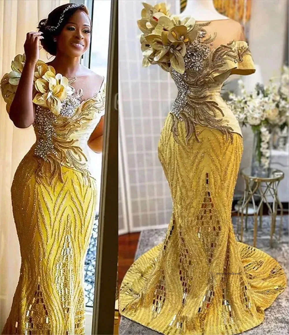 2023 Plus size Arabische Aso Ebi Gold Luxueuze sprankelende prom -jurken Garnes kristallen Stijlvolle avond formeel feest tweede receptie jurken jurk 0509