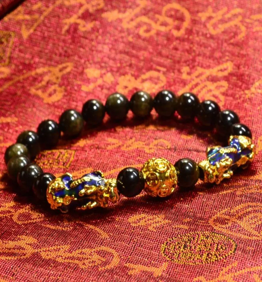 Feng Shui Gold Obsidian Stone Beads Bracelet Men Women Unisex Wristband Pixiu Wealth and Good Luck Black Bracelets Jewelry1699025