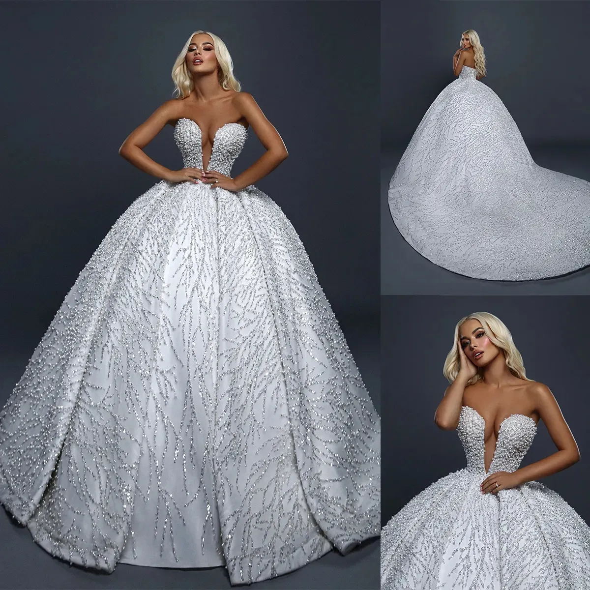 Squisiti abiti da sposa abiti da spalla Design Design di perle paillettes Pieghe Sweep Train Scade Up Abito da sposa Abito da sposa su misura per le dimensioni più dimensioni Vestidos de noni