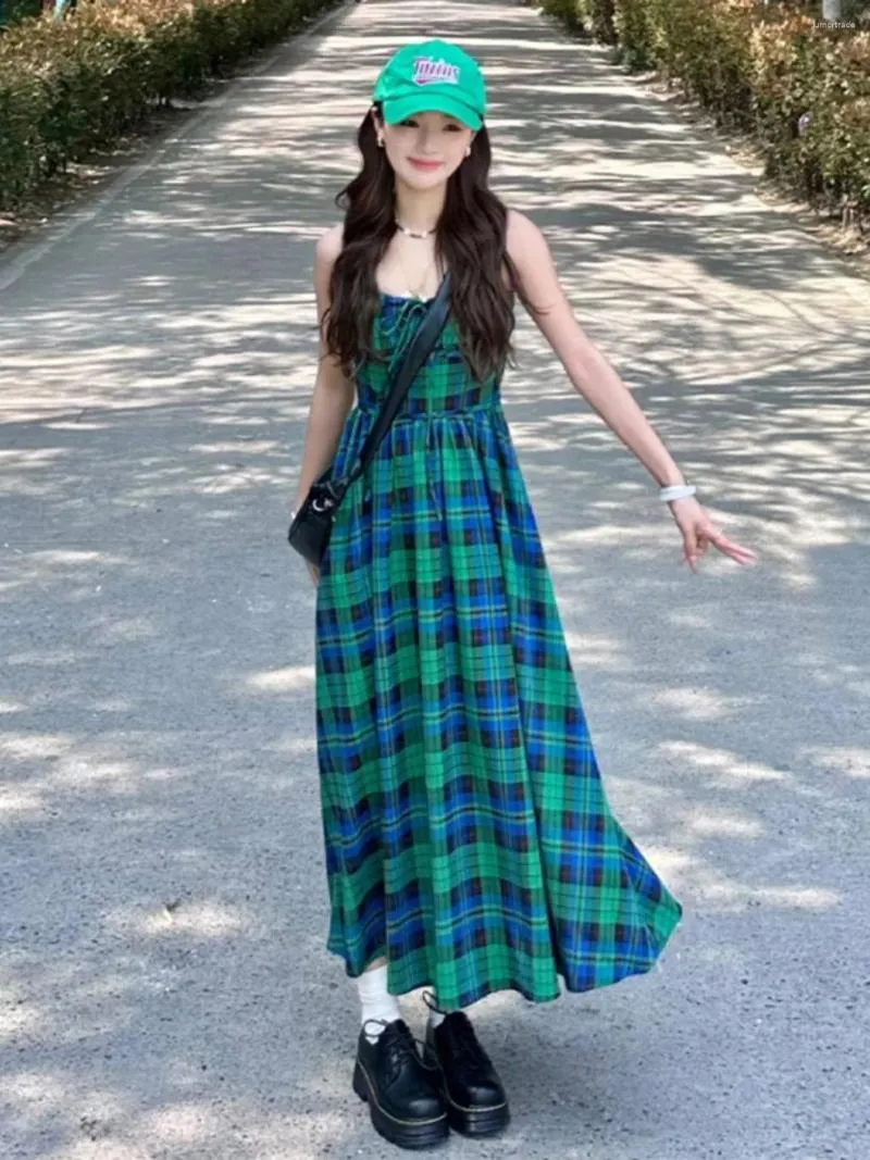 Casual Dresses GREEN Plaid Lace Maxi Long Womens Girls Y2K Summer Harajuku Vintage Streetwear Cute Mini Dress Gothic Hippie Kawaii