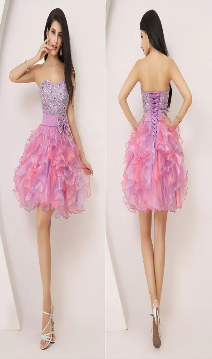 2020 Kort hemkommande klänning billig mint organza älskling pärlor lila prom party 8th examen klänningar mini kjol en linje strapl6825045