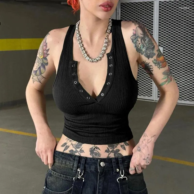 Tanks de femmes goth gotant sombre en tricot de base sexy mil gothique gilet gothique grunge punk en V bodycon colon sails côtetes femmes bouton de streetwear