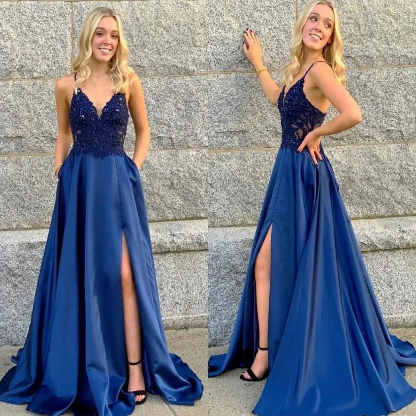 Neue sexy Royal Blue A Line Prom Kleider Spitze Applikze bodenlange Hochseiten -Spaghetti -Gurt Applikationen formelle Kleider Abendkleid 244s